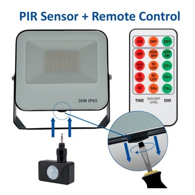 Projetor LED cinzento com sensor PIR e comando remoto branco colorido