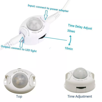 Sensor de movimento branco para luz LED com ajuste de tempo e instruções em azul