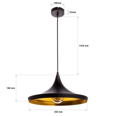 Candeeiro suspenso preto com interior dourado e medidas