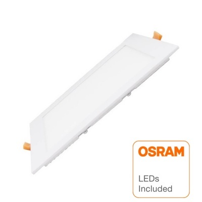 Painel de luz LED rectangular branco com apoios laranja e logótipo OSRAM com texto LEDs Included