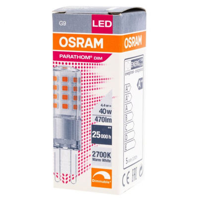 Caixa de lâmpada LED OSRAM G9 PARATHOM DIM com especificações técnicas e embalagem branca e laranja.
