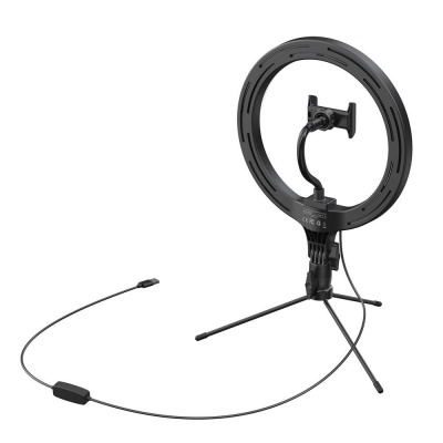 Ring light preto com suporte para telemóvel e tripé