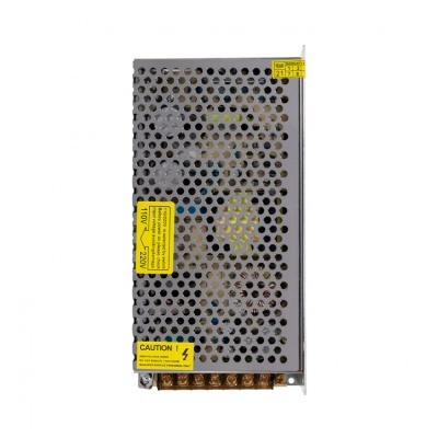 Fonte de alimentação metálica ventilada com avisos amarelos