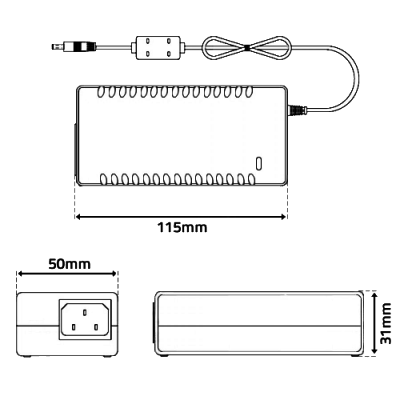 Adaptador de corrente branco com cabo e ficha, vistas frontal, lateral e superior com medidas.
