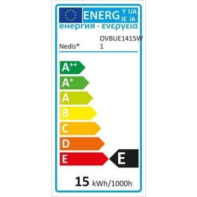 Etiqueta energética da UE com classes A++ a E e consumo 15 kWh/1000h para produto Nedis OVBUE1415W