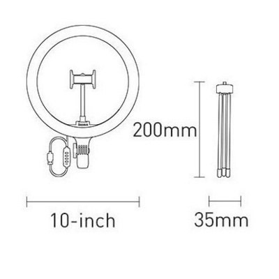 Ilustração técnica de anel de luz LED e tripé com dimensões