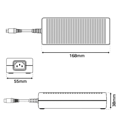 Desenho técnico de um transformador elétrico retangular com dimensões e cabo de alimentação