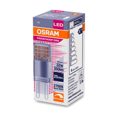 Embalagem de lâmpada LED OSRAM PARATHOM DIM G9 com especificações técnicas visíveis
