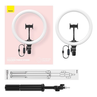 Suporte de mesa Baseus com anel de luz LED, suporte para telemóvel e tripé dobrável preto.