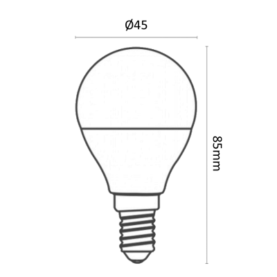 Desenho técnico de lâmpada com dimensões 45 mm largura por 85 mm altura