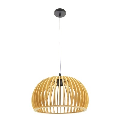 Candeeiro de teto pendente com estrutura de lâminas curvas em tom madeira clara