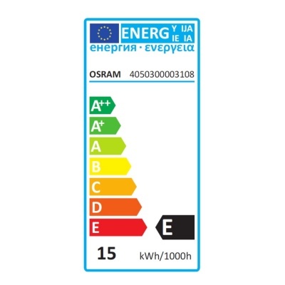 Etiqueta energética da UE para produto OSRAM com eficiência classe E e consumo 15 kWh/1000h