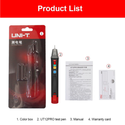 Lista de produtos para teste elétrico, incluindo embalagem, caneta UT12PRO, manual e cartão de garantia