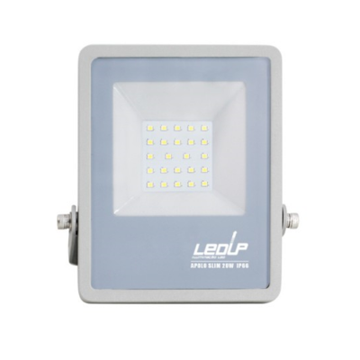 Projetor LED retangular cinzento claro com LEDs e inscrição LEOLP APOLLO SLIM 20W IP66