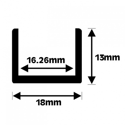 Desenho técnico em preto de um perfil em U com medidas 18 mm, 16,26 mm e 13 mm