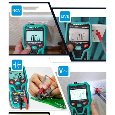 Multímetro digital Pro'sKit medindo diferentes sinais elétricos em variadas imagens.