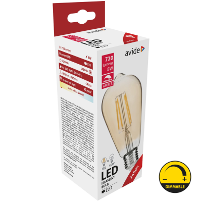 Embalagem de lâmpada LED filament bulb avide com voltagem 220-240V 8W 720 lumens base E27 cor ambar
