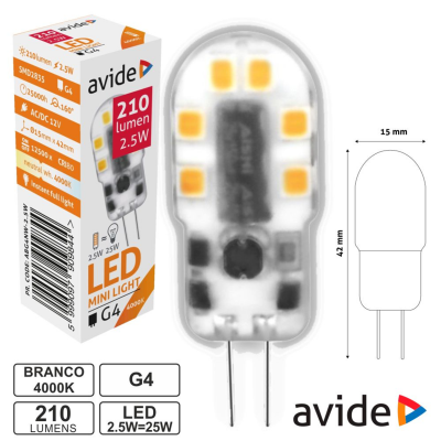 Lâmpada LED mini light avide G4 2.5W 210 lumens luz branca 4000K com caixa
