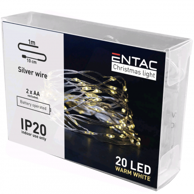 Iluminação de Natal ENTAC com 20 LEDs luz quente em fio de arame prateado em embalagem transparente