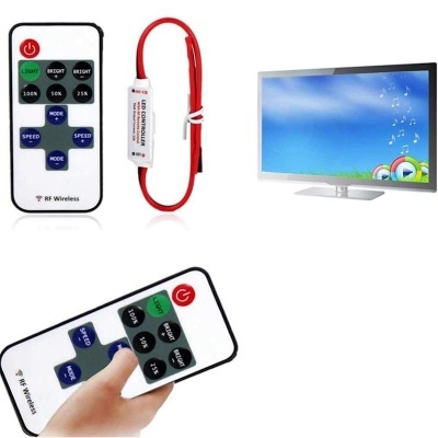 Controle remoto RF wireless, cabo vermelho com dispositivo, e ecrã de televisão azul