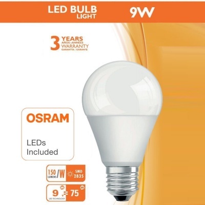 Lâmpada LED branca OSRAM 9W com especificações na embalagem laranja e branca