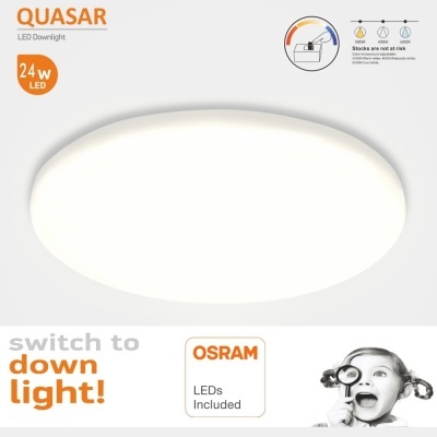 Downlight LED circular branco com diferentes textos promocionais e figura de uma menina com lupa