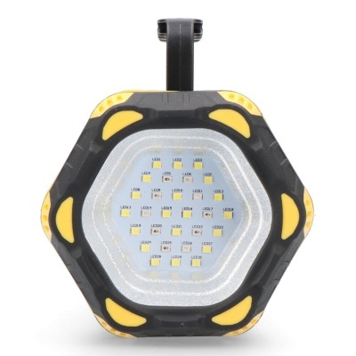 Luz portátil hexagonal preta e amarela com LEDs no centro