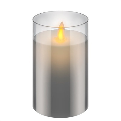 Vela LED branca em suporte de vidro cilíndrico transparente com chama simulada.