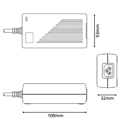Adaptador elétrico branco com medidas técnicas e cabo com conector de três pinos