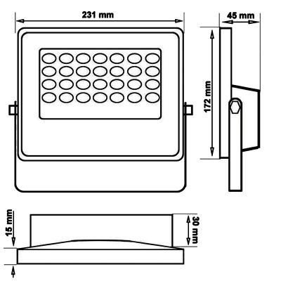 Desenho técnico de luminária retangular com círculos e dimensões em milímetros