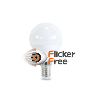 Lâmpada LED esférica branca com base metálica e texto Flicker Free