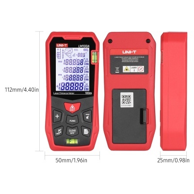 Medidor a laser de distância UNI-T LM100A vermelho e preto com visor digital e botões