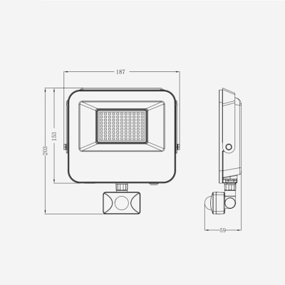 Desenho técnico de projetor de luz retangular com dimensões