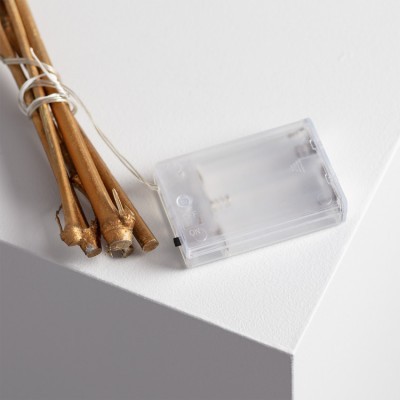 varetas douradas com caixa de pilhas transparente sobre superfície branca