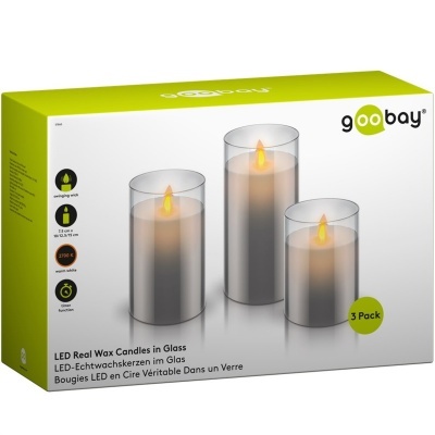 Caixa com três velas LED de cera real em copos de vidro