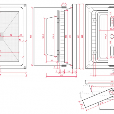 Desenho técnico de projetor retangular com dimensões e alça ajustável.