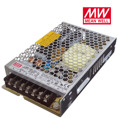 Fonte de alimentação Mean Well metálica com perfuração hexagonal e conexões elétricas
