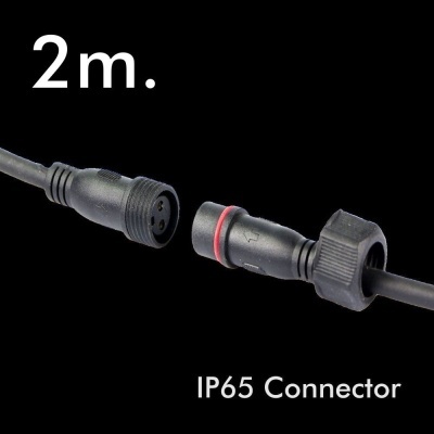 Conector de cabo preto com três pinos e orifícios, texto 2m e IP65 Connector