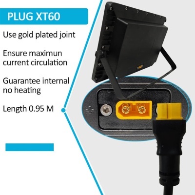 Ficha eléctrica amarela PLUG XT60 com texto de especificação em inglês