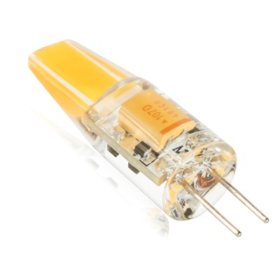 Lâmpada LED pequena G4 com corpo translúcido amarelado e pinos metálicos