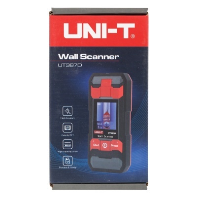 Embalagem do scanner de parede UNI-T UT387D em vermelho, preto e azul