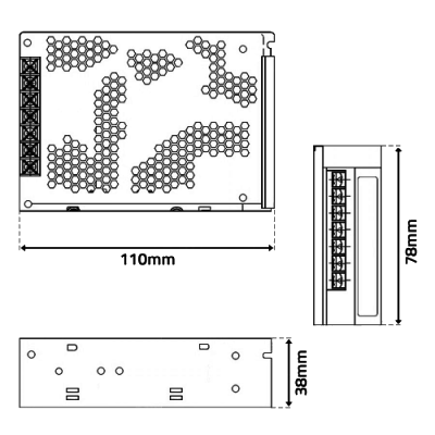 Desenho técnico de unidade eletrónica com aberturas hexagonais e medidas