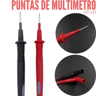 Pontas de multímetro pretas e vermelhas com texto de identificação