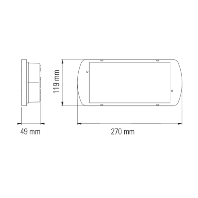 Desenho técnico em preto e branco de uma placa retangular com dimensões 270 x 119 x 49 mm