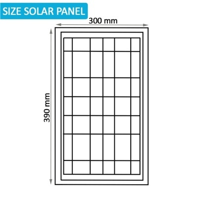 Diagrama de painel solar com dimensões 300 mm por 390 mm e texto SIZE SOLAR PANEL