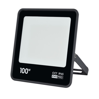 Projetor LED preto quadrado com lente branca e indicação 100W CCT IP65 EVO PRO