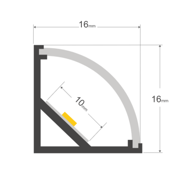 Diagrama técnico de objeto em ângulo com medidas 16 mm x 16 mm e marcação de 10 mm
