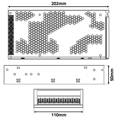 Componente eletrónico retangular com padrão de ventilação colmeia e conectores na parte frontal