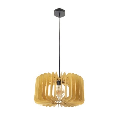 Candeeiro suspenso de madeira clara com lâmpada exposta no meio