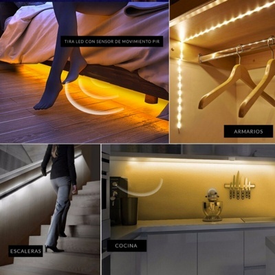 fitas LED com sensor de movimento instaladas na cama, armário, escadas e cozinha